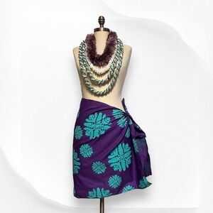 Hawaiian Quilt Print Pareo Handmade Purple Teal 22 x 45 Sarong Skirt Wrap